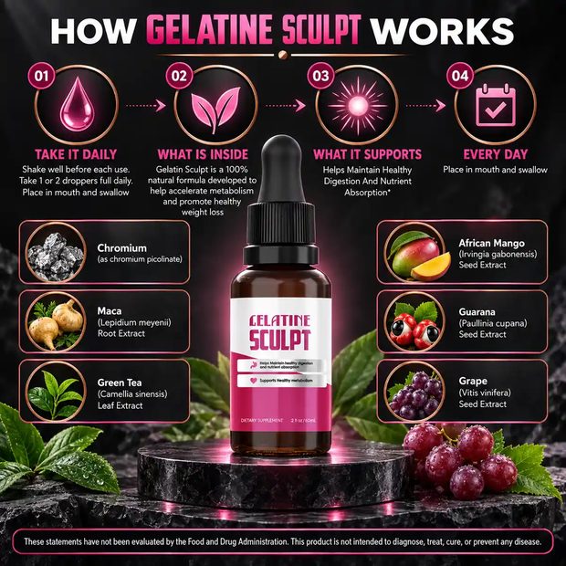 The seller's HOW GELATINE SCULPT WORKS panel, a four-step strip over a photograph of the bottle