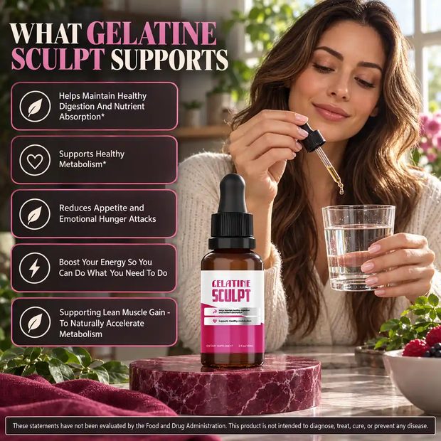 The seller's WHAT GELATINE SCULPT SUPPORTS panel, listing five support lines beside a photograph